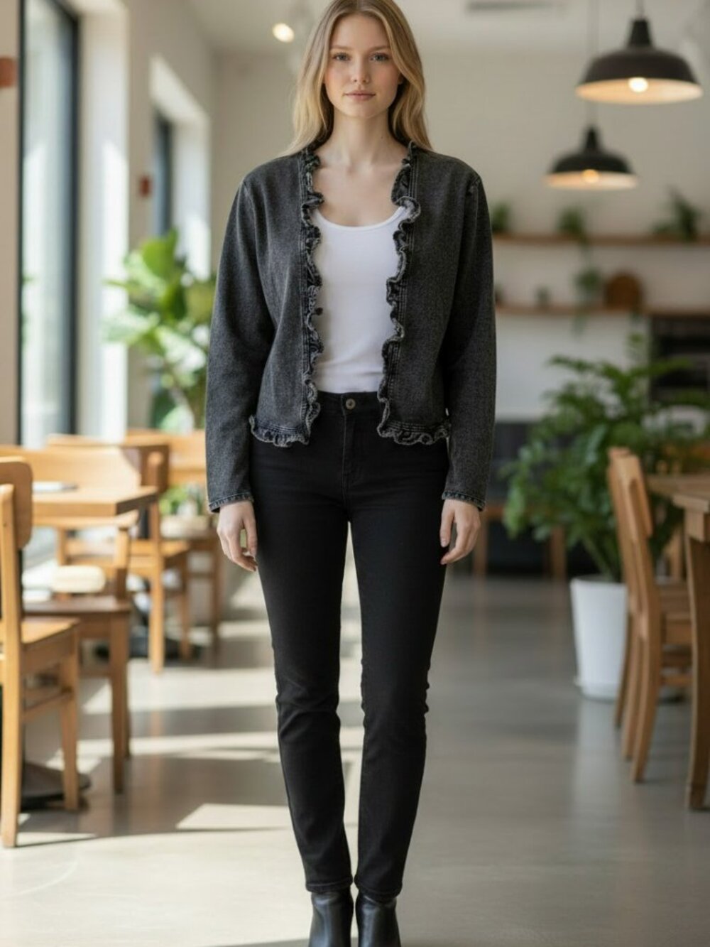 Noejsio Faded Black Ruffled Trim Cropped Denim Jacket Medium